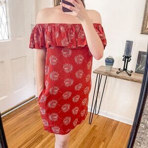 Madewell Silk Palmflower Off Shoulder Mini Dress Red